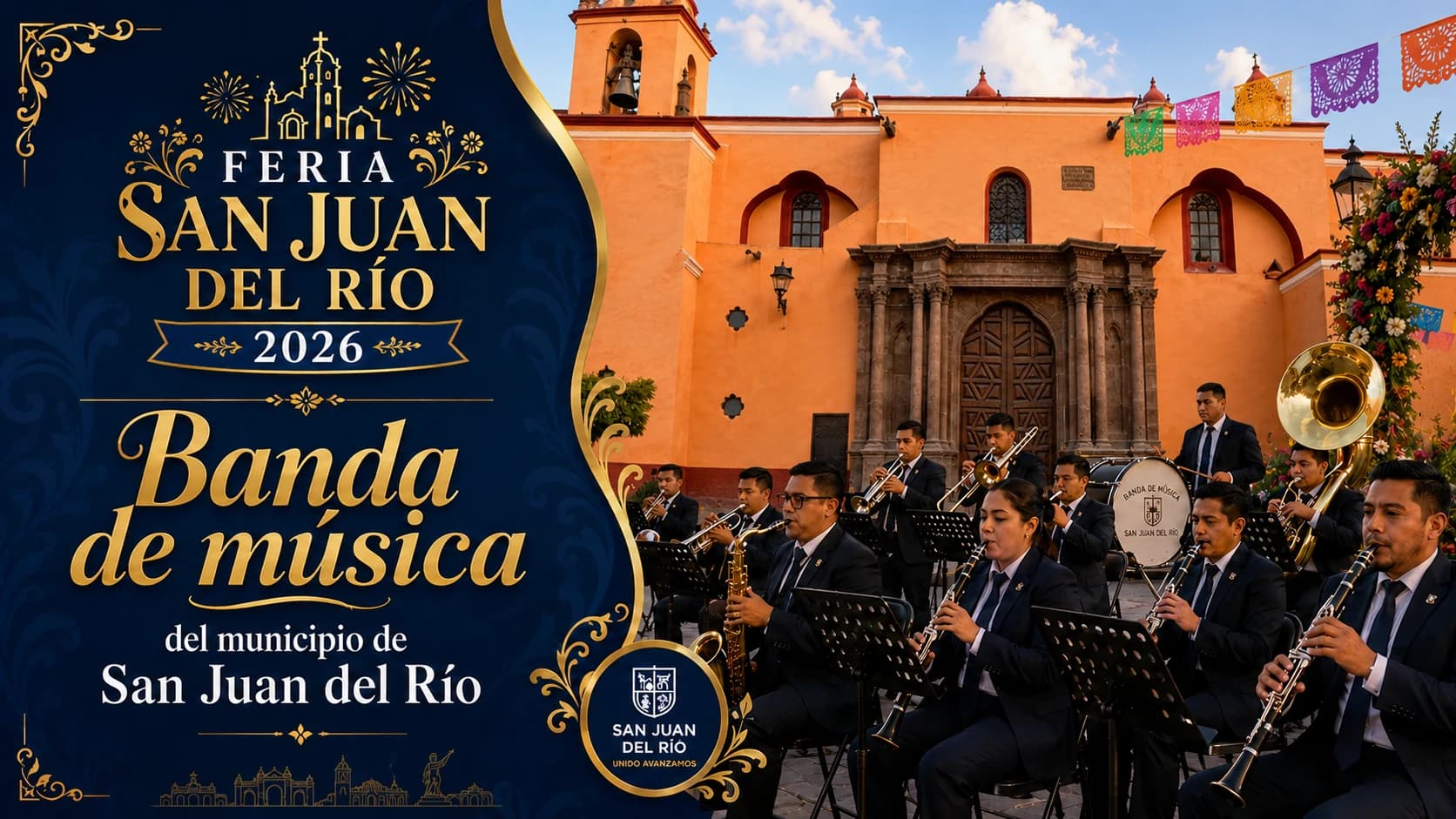 Banda de música del municipio de San Juan del Río al pie de la iglesia San Juan Bautista